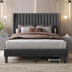 Yaheetech Queen Bed Frame with Headboard, Ivory Channel-Tufted Platform