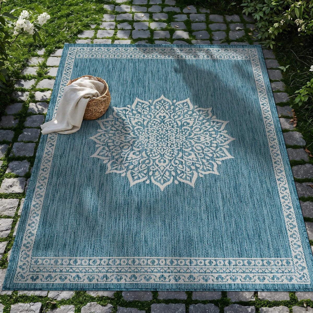 CAMILSON Outdoor Rug 6x9, Modern Outside Rugs for Patios Porches Waterproof Durable Washable Non-Shedding, Easy-to-Clean Indoor Outdoor Area Carpet (6 x 9, Bordered - Blue/White)