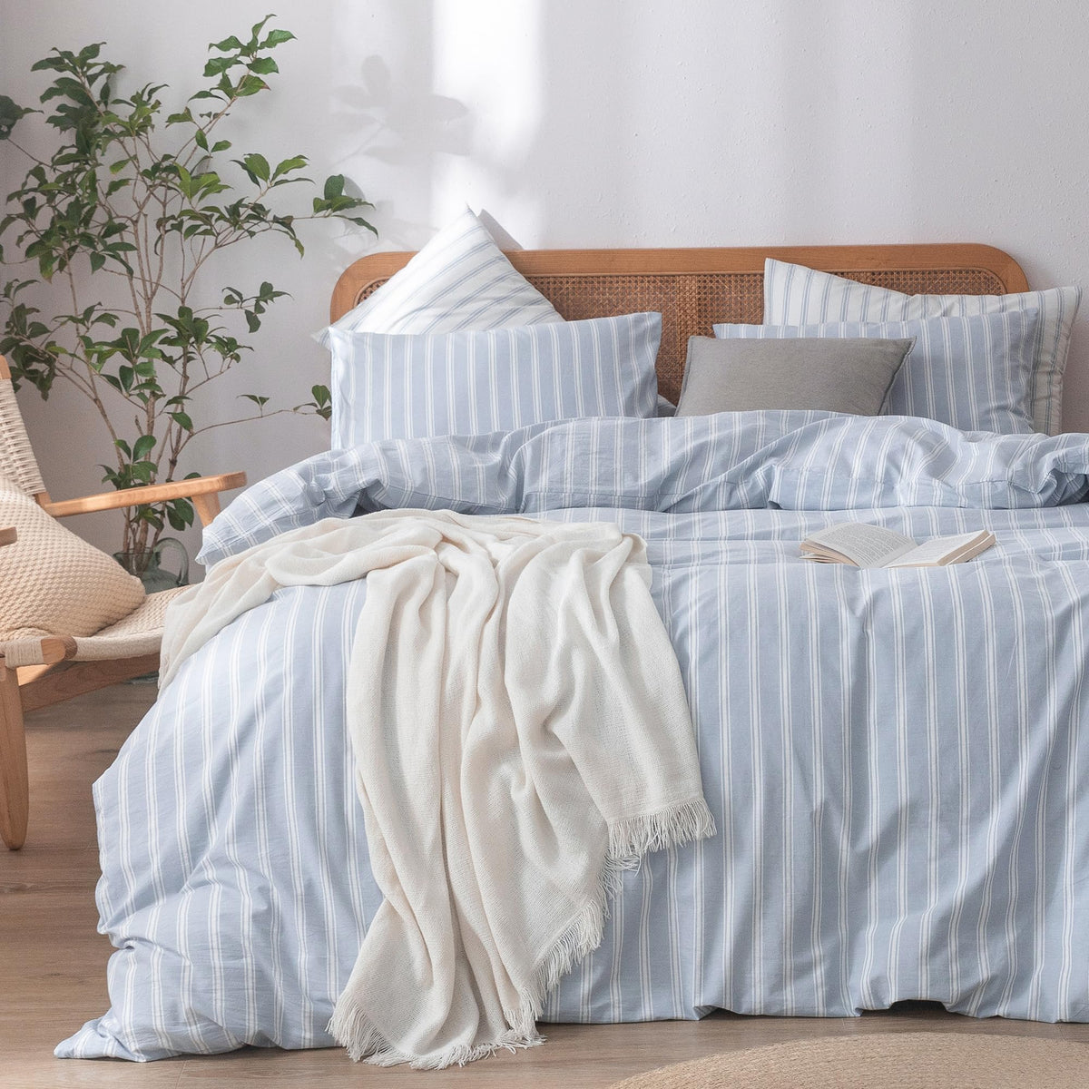BESTOUCH Cotton Solid Duvet Cover Set Linen Feel Cornflower Blue Queen