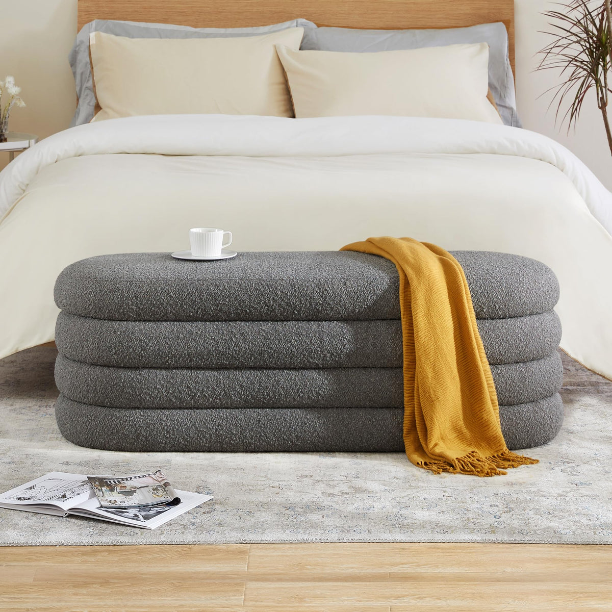 Busaurus Storage Ottoman Bench 49.2 Inch Upholstered Fabric Storage Bench for Bedroom End of Bed Aesthetic Large Oval Ottoman for Living Room Entryway (Ivory)