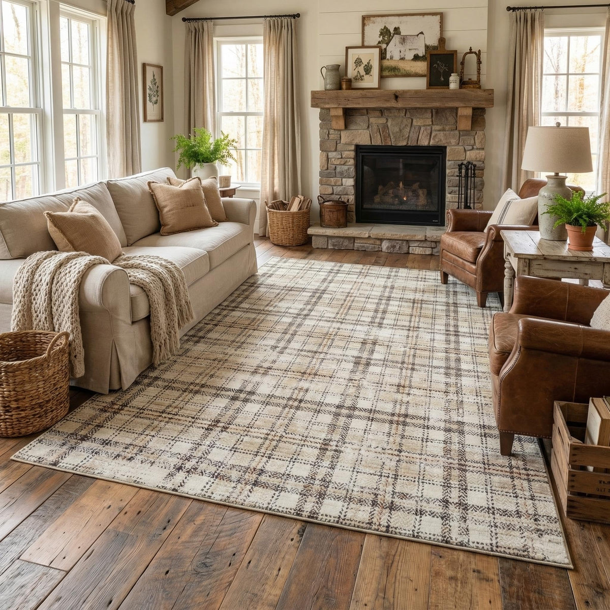 Modern Washable 8x10 Area Rug - Soft, Non-Slip, Stain Resistant, Farmhouse Tartan Plaid for Living Room, Bedroom, Nursery, Office - Beige