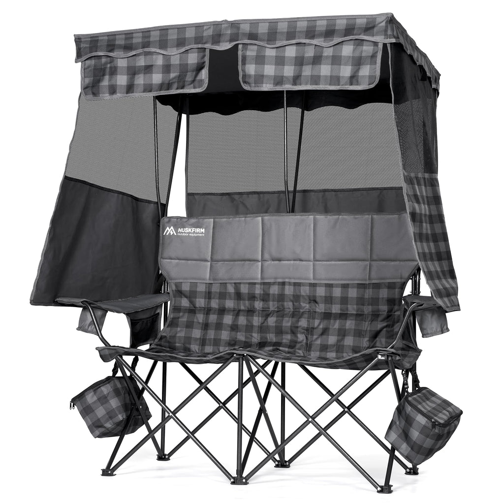 Padded Double Camping Chair With Canopy,Folding Chair Support 450LBS, Blue