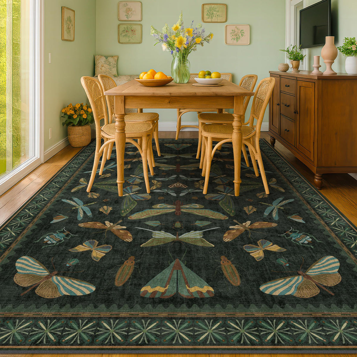 Hazo Haus Dark Green Insect Area Rugs 8x10 for Living Room, Dining Room Under Table, Bedroom, Unique Washable Floral Non Slip Low Pile Soft Rug
