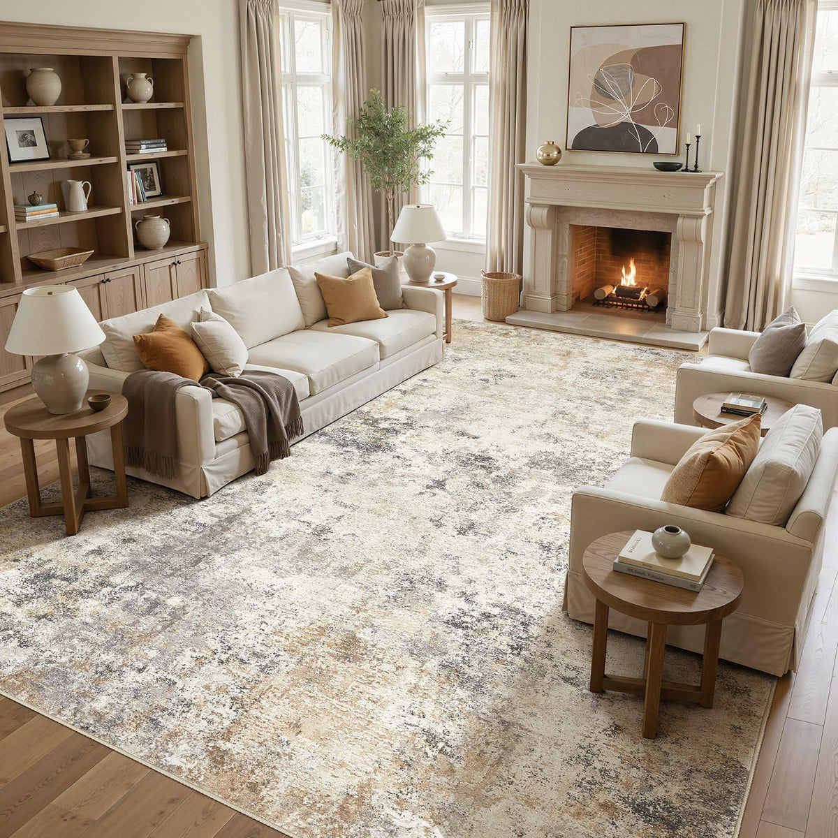UERMEI 9x12 Area Rug Living Room Rugs - Washable Neutral Modern Abstract Soft Thin Large Rug Indoor Floor No Slip Rug Carpet for Bedroom Under Dining Table Home Office Decor - Brown Grey