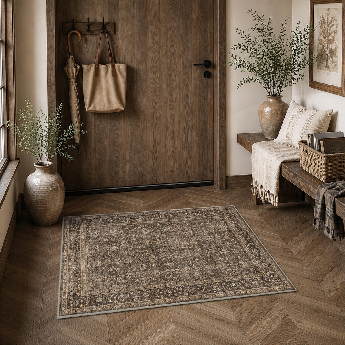 JOOJA 8x10 Dark Brown Vintage Soft Low Pile Non Slip Boho Washable Area Rug