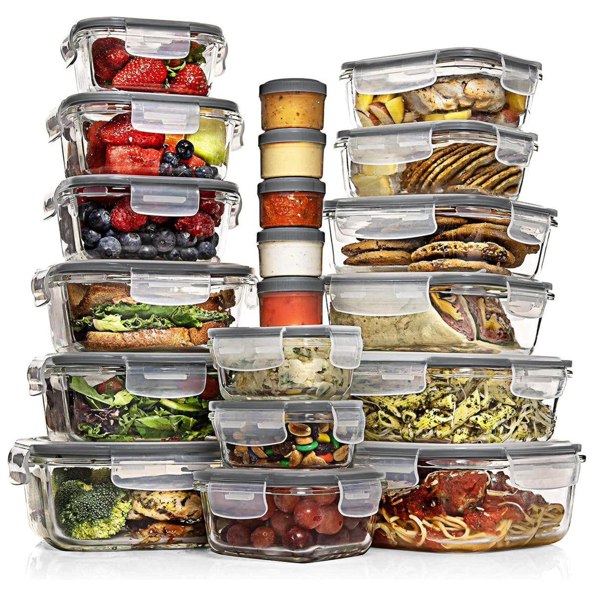 Razab 35 Pc Set Glass Food Storage Containers with Lids - Meal Prep Airtight Bento Boxes BPA-Free 100% Leak Proof (15 lids,15 glass & 5 Plastic Sauce/Dip Containers)