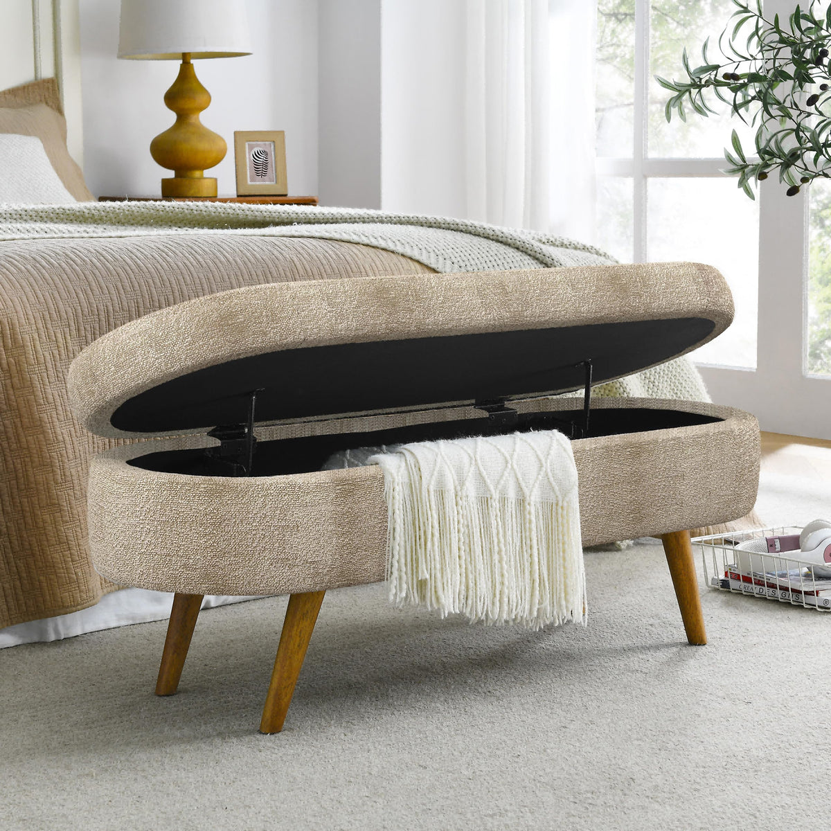 43.5" Ottoman with Storage, Storage Ottoman Bench with Safety Hinge, Bed End Bench, Upholstered Entryway Bench for Bedroom, Living Room & Window, Holds up to 330 lb, Beige