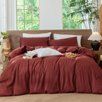 MooMee Striped Duvet Cover Set 100% Washed Cotton Linen Like Queen