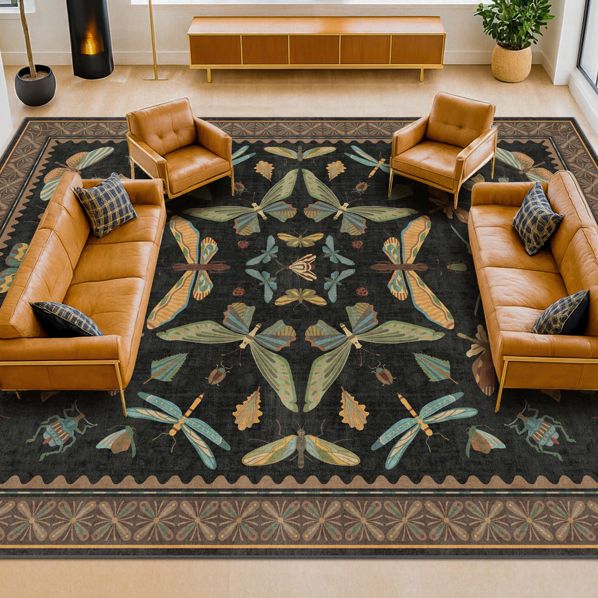 Hazo Haus Dark Green Insect Area Rugs 8x10 for Living Room, Dining Room Under Table, Bedroom, Unique Washable Floral Non Slip Low Pile Soft Rug