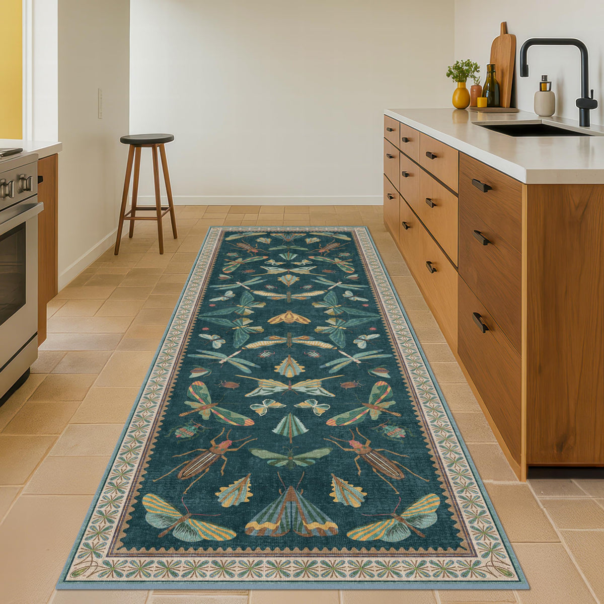 Hazo Haus Dark Green Insect Area Rugs 8x10 for Living Room, Dining Room Under Table, Bedroom, Unique Washable Floral Non Slip Low Pile Soft Rug