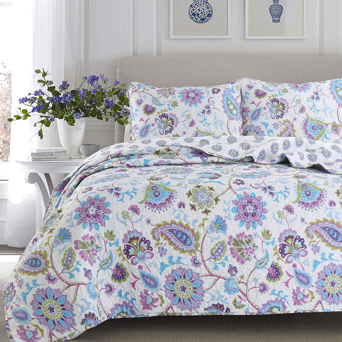 Cozy Line Home Fashions Light Pink Blue Flower Bloom Floral Garden Reversible Quilt Bedding Set, Coverlet Bedspread Lightweight for All Seasons (Carlotta, King - 6 Piece)