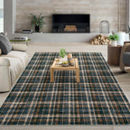Modern Washable 8x10 Area Rug - Soft, Non-Slip, Stain Resistant, Farmhouse Tartan Plaid for Living Room, Bedroom, Nursery, Office - Beige