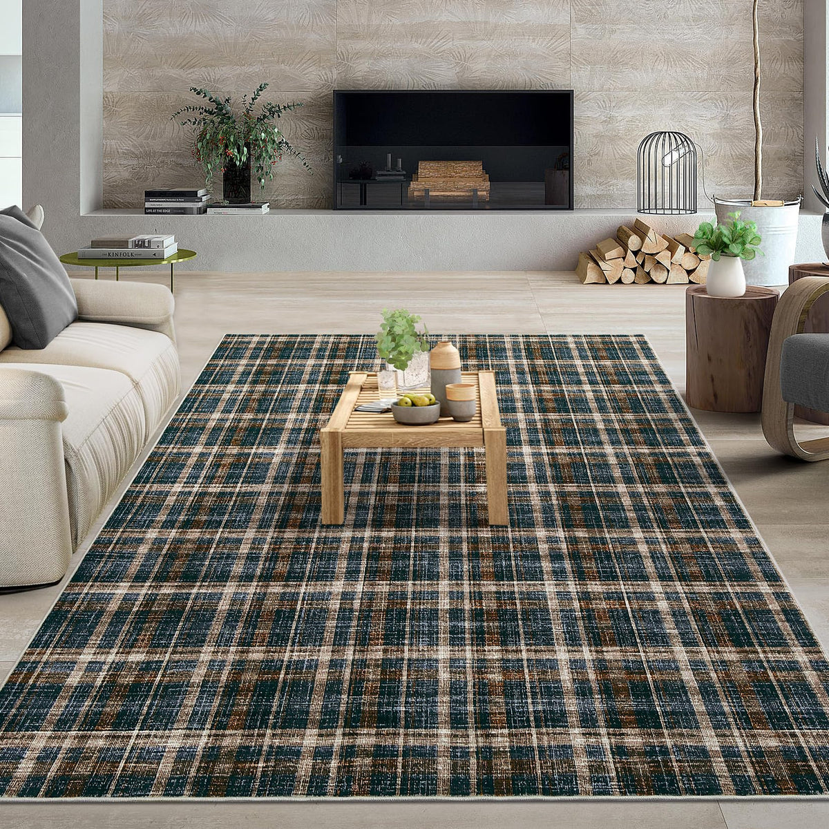 Modern Washable 8x10 Area Rug - Soft, Non-Slip, Stain Resistant, Farmhouse Tartan Plaid for Living Room, Bedroom, Nursery, Office - Beige