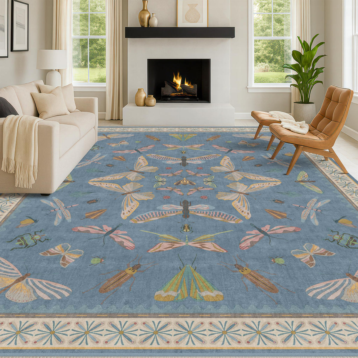 Hazo Haus Dark Green Insect Area Rugs 8x10 for Living Room, Dining Room Under Table, Bedroom, Unique Washable Floral Non Slip Low Pile Soft Rug