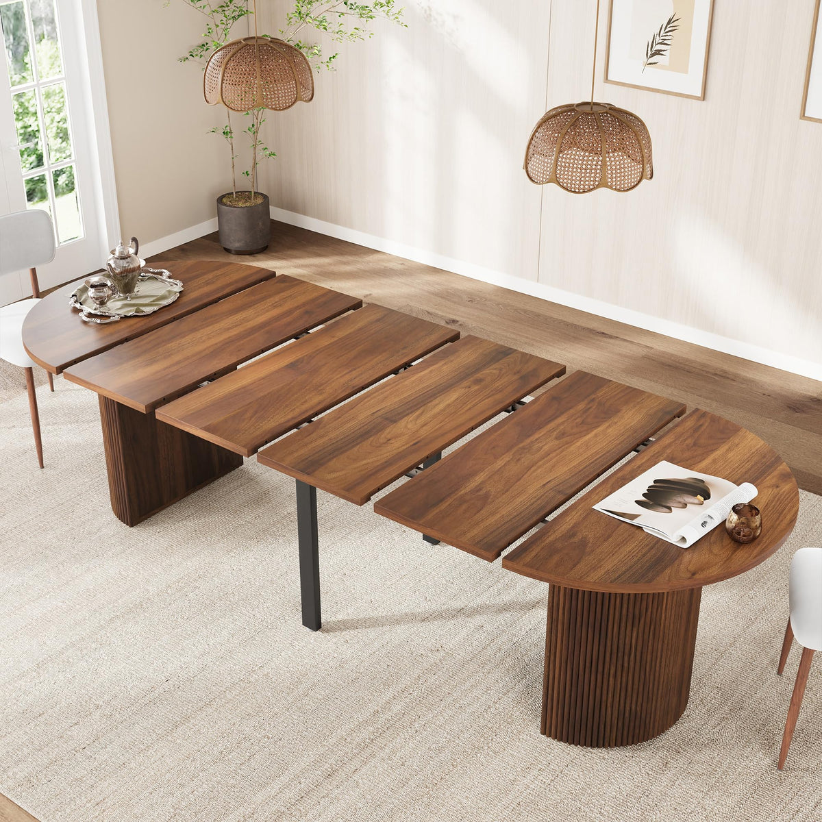 41 in-78 in Extendable Dining Room Table for 4-8, Round Expandable Kitchen Table with Fluted Base, Modern Farmhouse Oval Dinner Tables for Dining Room Kitchen Living Room (Walnut)