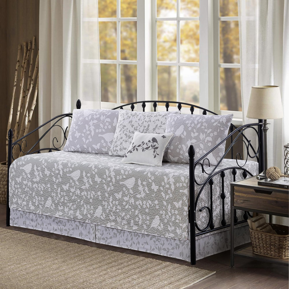 5-Piece Quilted Microfiber Daybed Cover Set with Floral Embroidery, All Season Luxurious Bedding with Matching Shams and Bed Skirt, 75"x39", Pink Flower