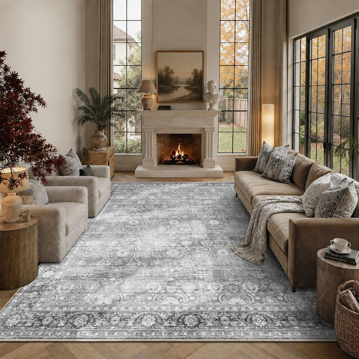 JOOJA 8x10 Dark Brown Vintage Soft Low Pile Non Slip Boho Washable Area Rug
