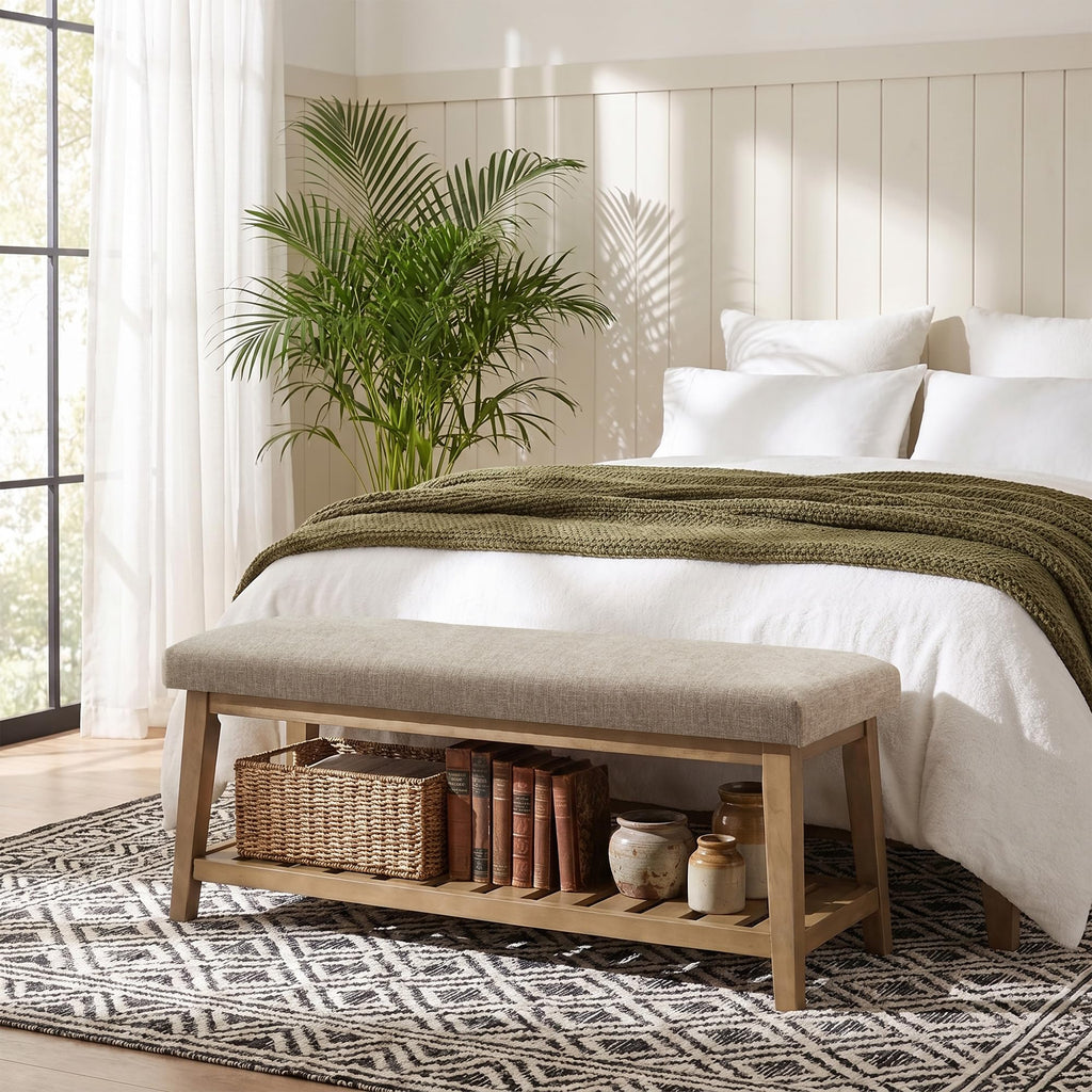 Zihanhome Entryway Shoe Bench, End of Bed Bench,Upholstered Bench(Beige)