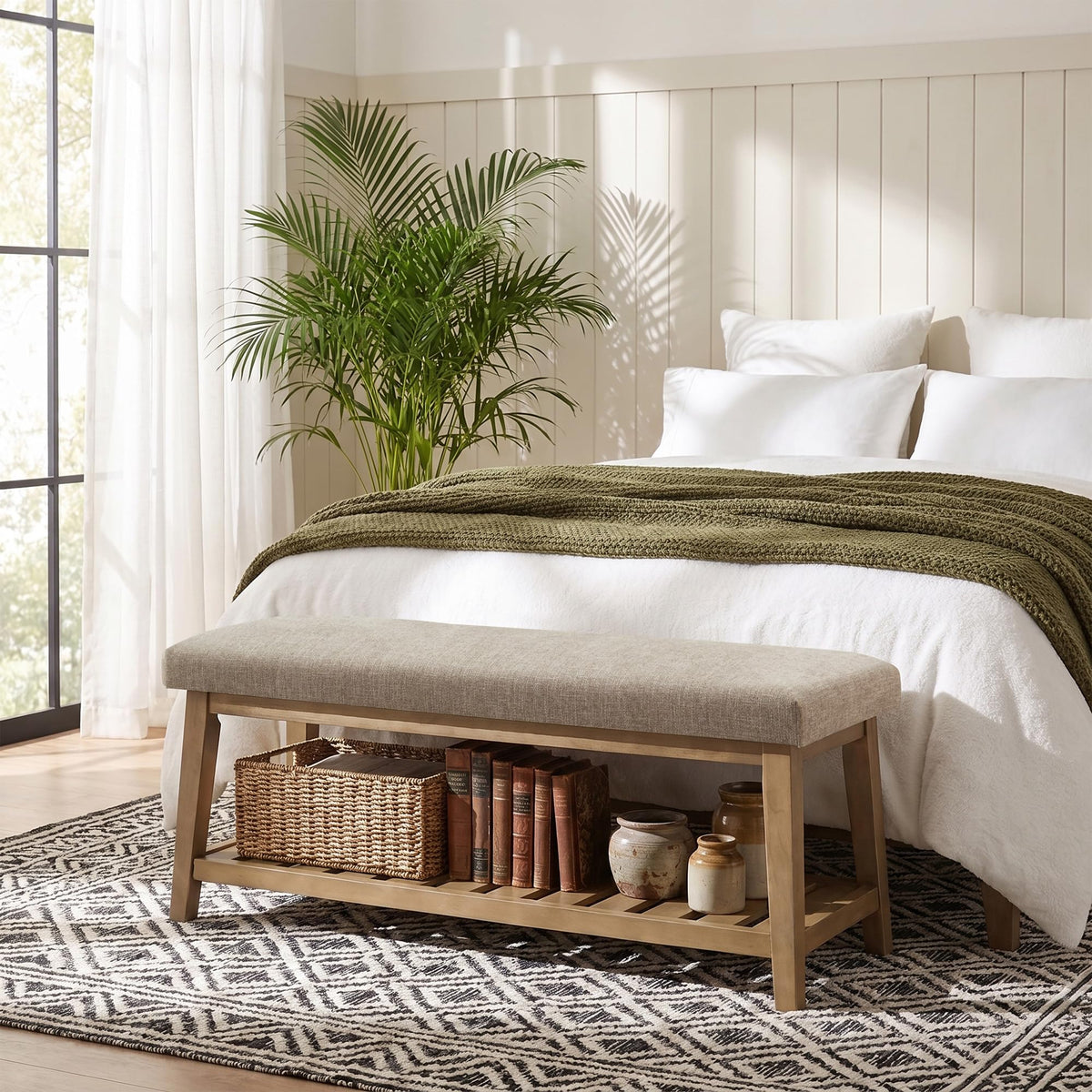 Zihanhome Entryway Shoe Bench, End of Bed Bench,Upholstered Bench(Beige)
