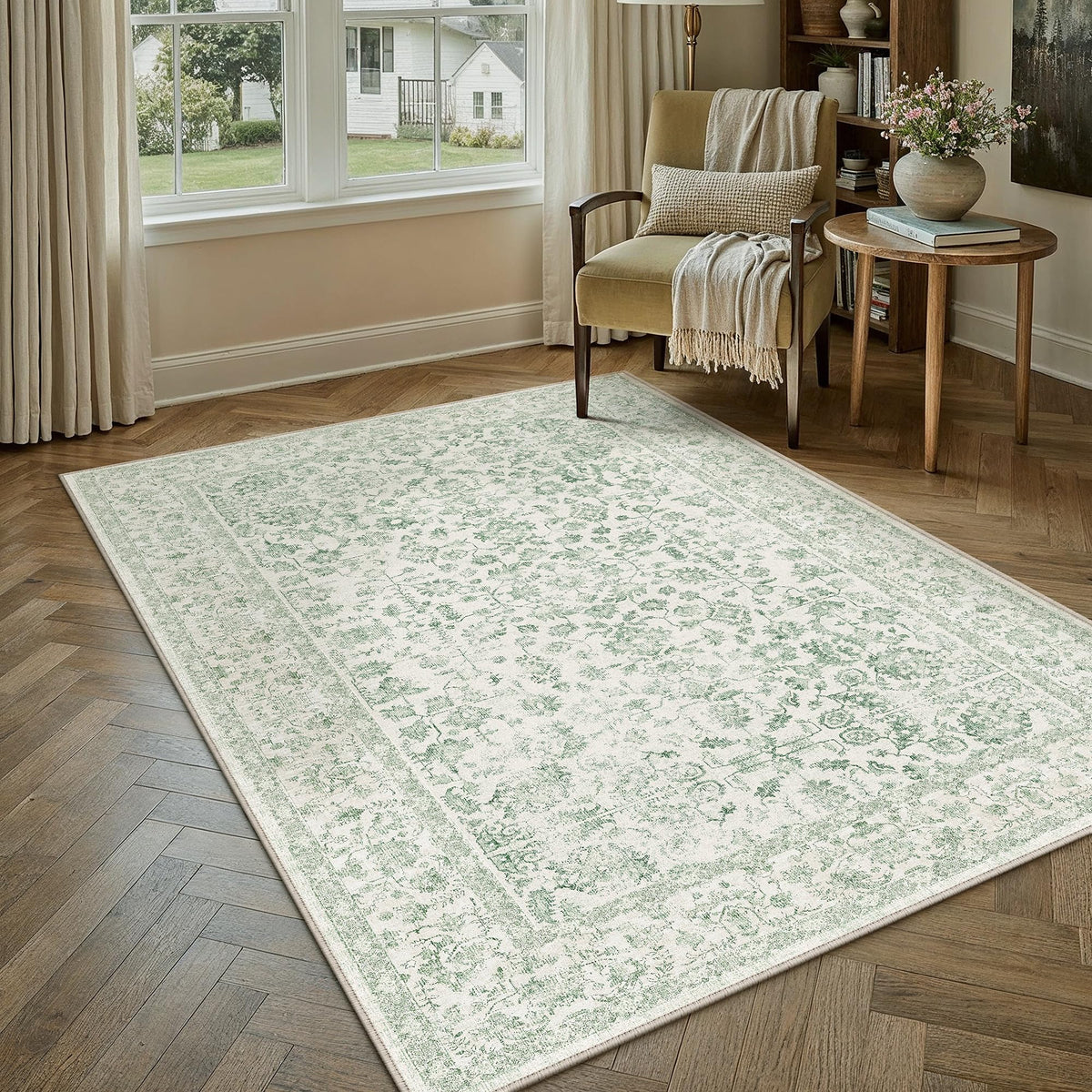 PureCozy Blue 6x6 Round Area Rug Vintage Washable Carpet Non Slip
