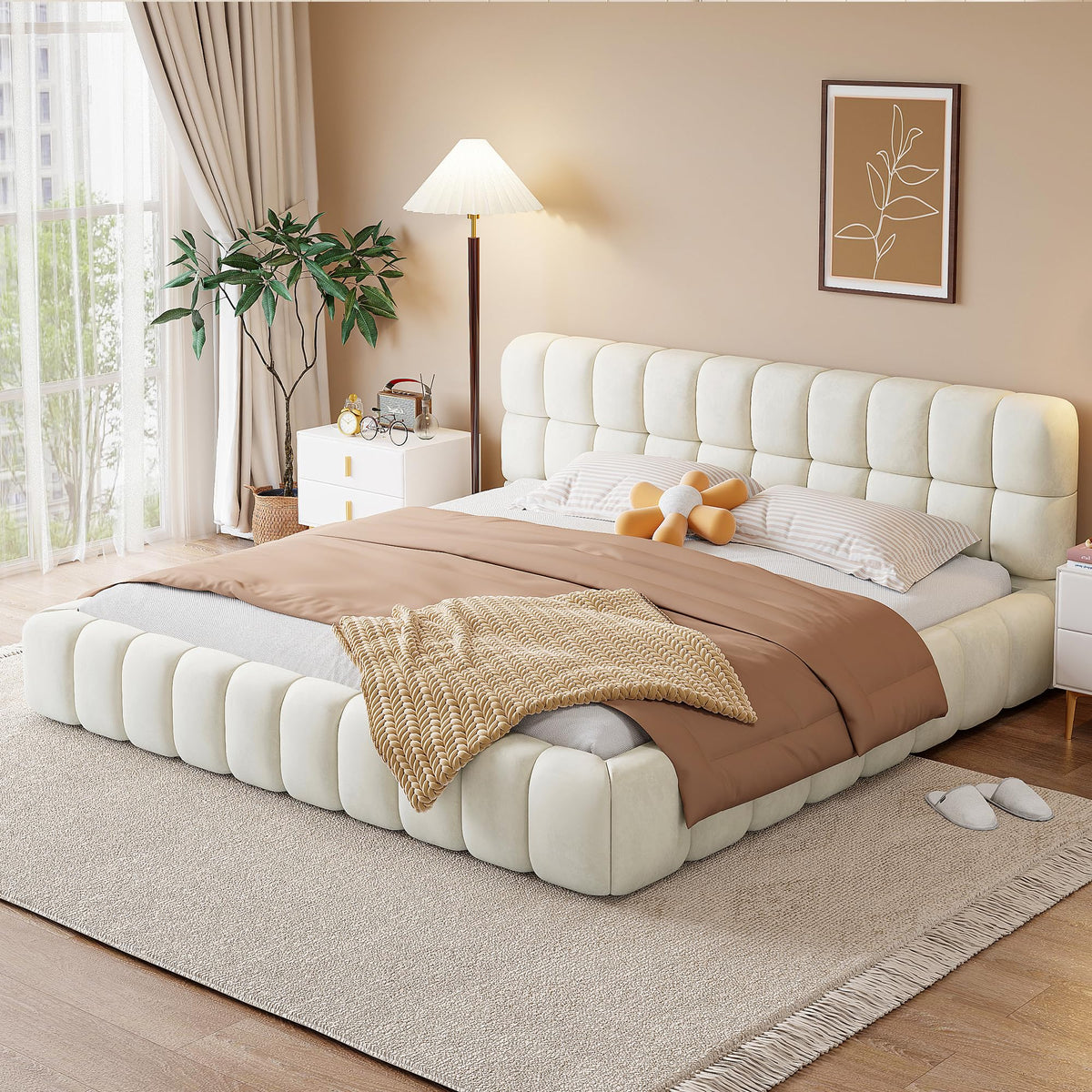 Grounded Bed Upholstered Platform Bed with Unique Design Thick Fabric Headboard, Wood Platform Bed Frame for Kids Adults Bedroom Furniture, Upholstered Floor Bed (Beige-11, Queen)