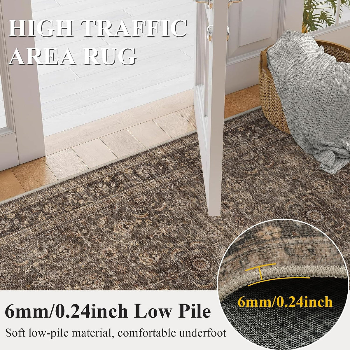 JOOJA 8x10 Dark Brown Vintage Soft Low Pile Non Slip Boho Washable Area Rug