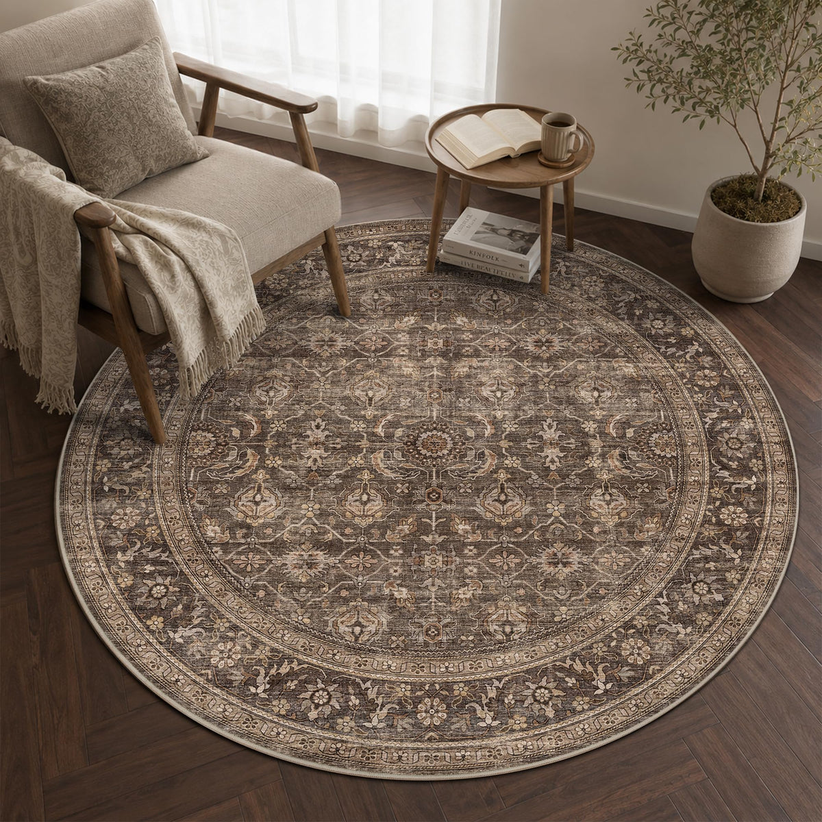 JOOJA 8x10 Dark Brown Vintage Soft Low Pile Non Slip Boho Washable Area Rug