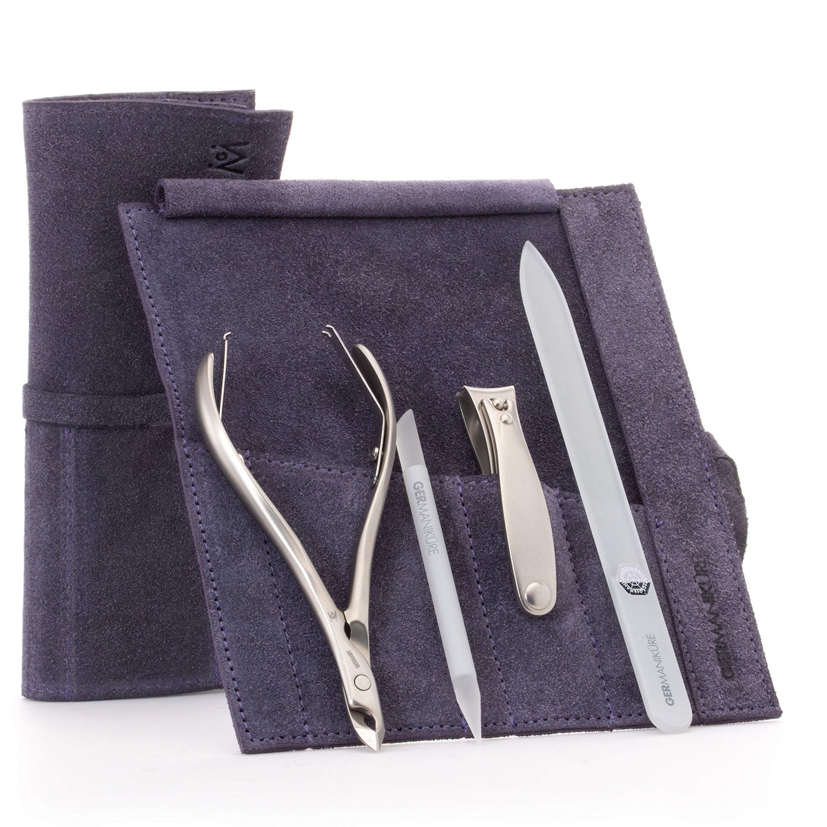 GERMANIKURE 7pc Manicure & Pedicure Set, FINOX Steel, Purple Leather Roll