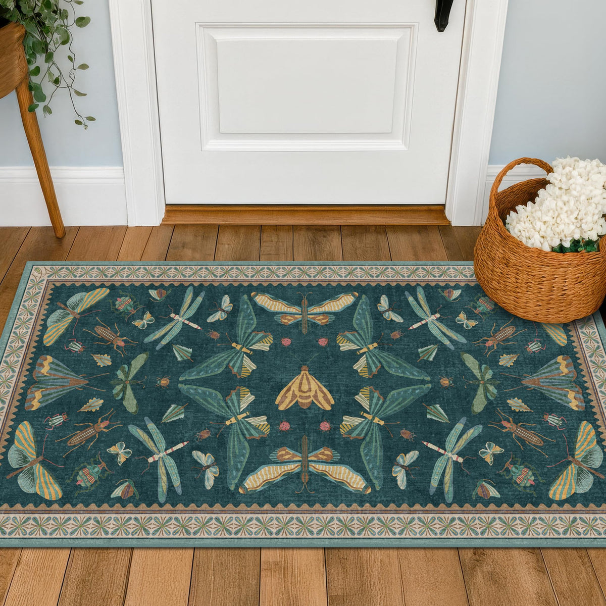 Hazo Haus Dark Green Insect Area Rugs 8x10 for Living Room, Dining Room Under Table, Bedroom, Unique Washable Floral Non Slip Low Pile Soft Rug