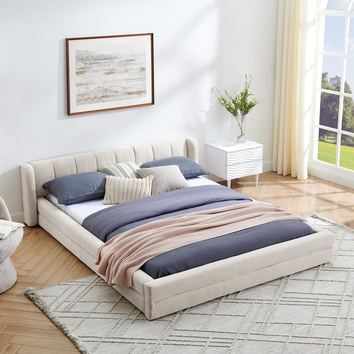 Grounded Bed Upholstered Platform Bed with Unique Design Thick Fabric Headboard, Wood Platform Bed Frame for Kids Adults Bedroom Furniture, Upholstered Floor Bed (Beige-1, King)