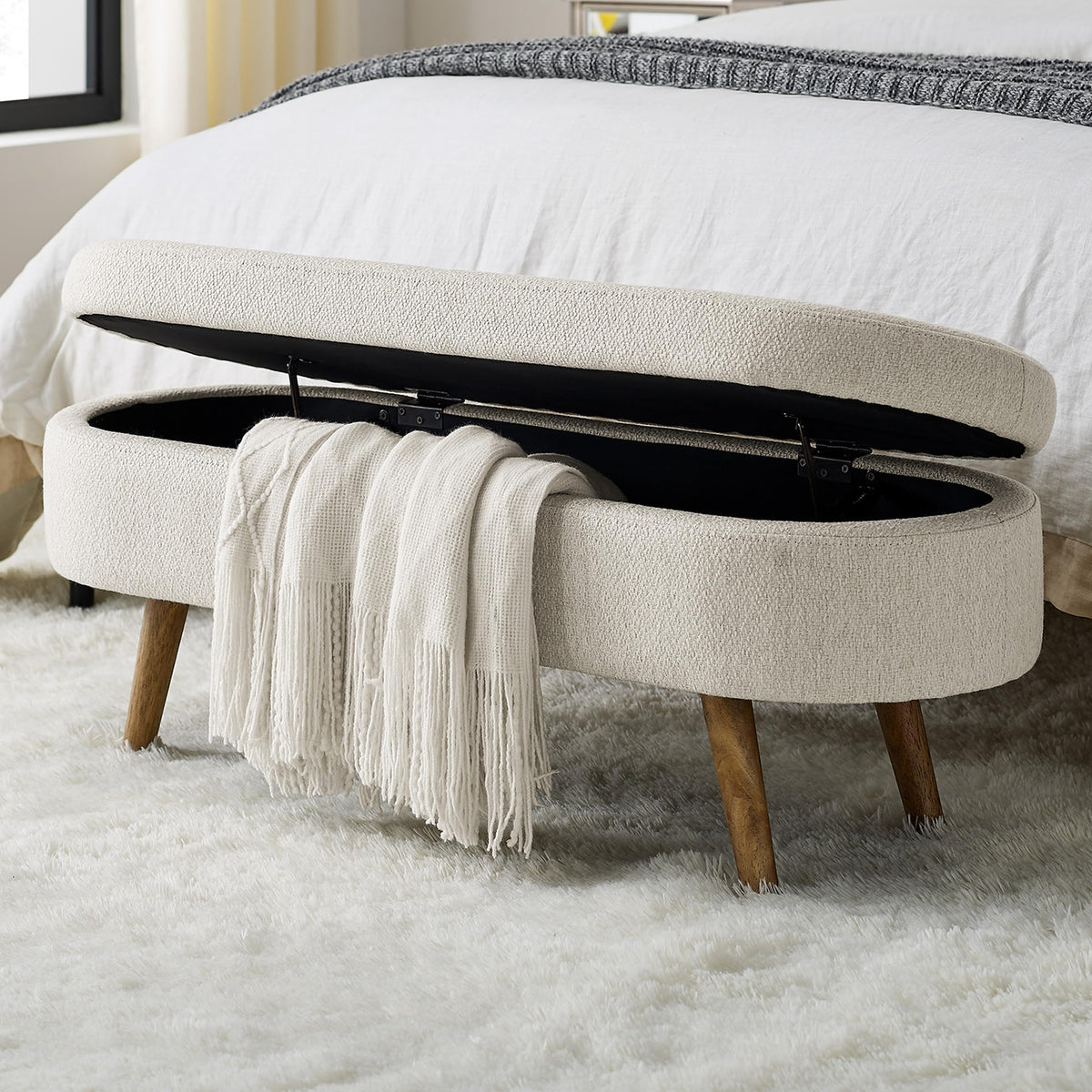 43.5" Ottoman with Storage, Storage Ottoman Bench with Safety Hinge, Bed End Bench, Upholstered Entryway Bench for Bedroom, Living Room & Window, Holds up to 330 lb, Beige