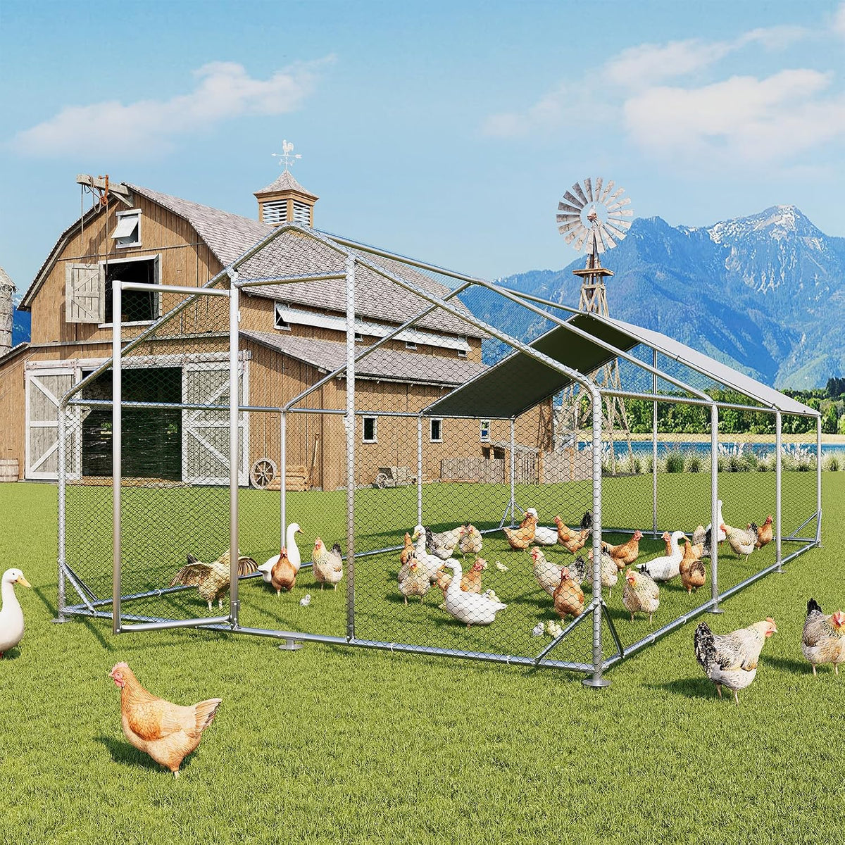 Aoxun Large Metal Chicken Coop, Outdoor Chicken Runs for Yard with Cover, Spire Roof Hen House Enclosure with Security Lock, Walk-in Cage Peak Hen House for Yard Farm (10x20x6.4 FT)