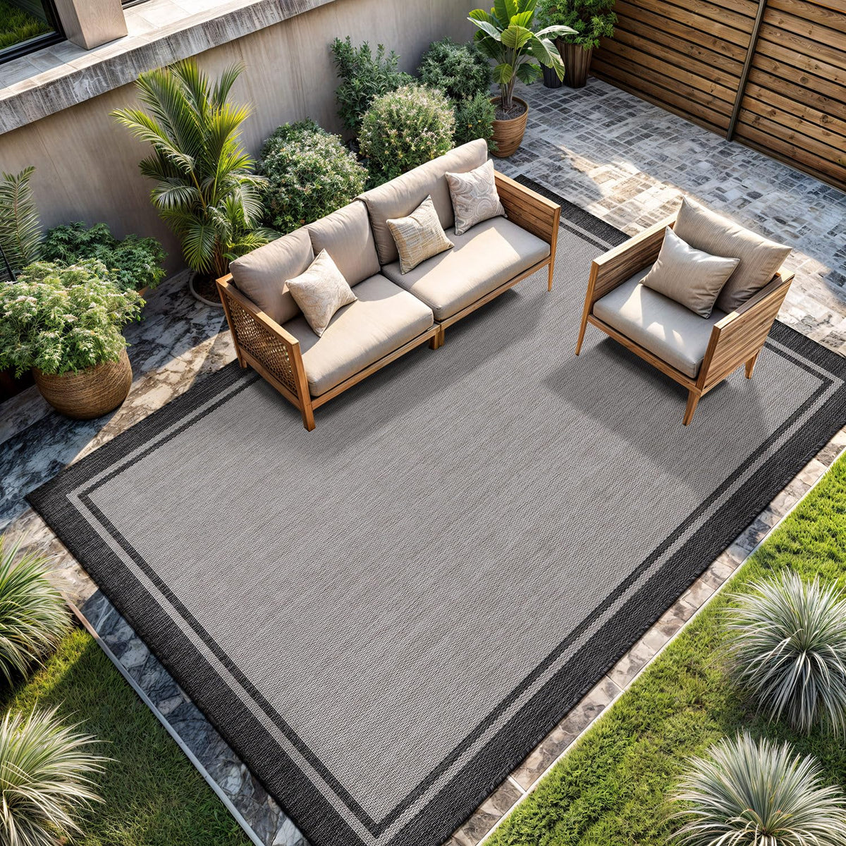 CAMILSON Outdoor Rug 6x9, Modern Outside Rugs for Patios Porches Waterproof Durable Washable Non-Shedding, Easy-to-Clean Indoor Outdoor Area Carpet (6 x 9, Bordered - Blue/White)