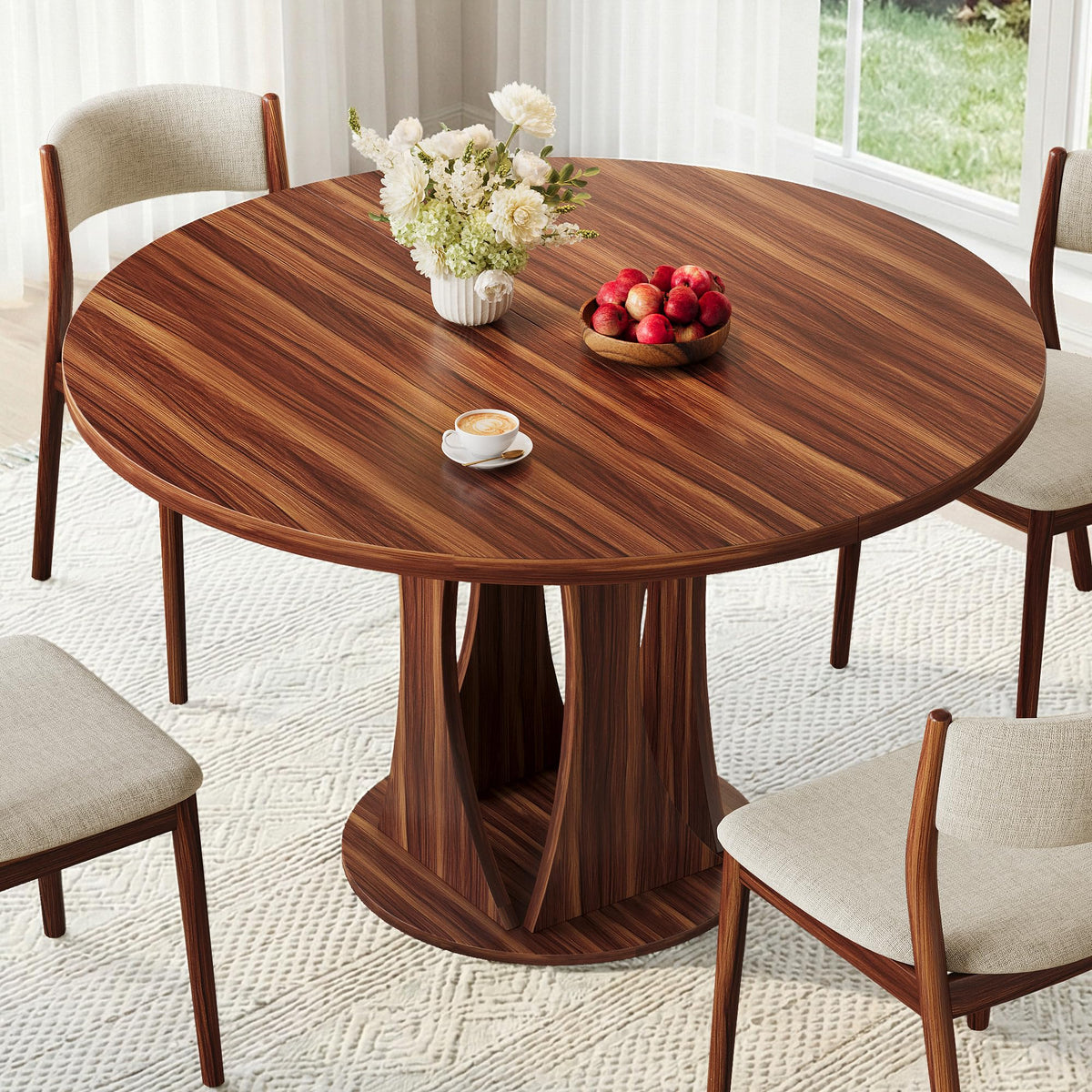 iPormis Round Dining Table, 47'' Kitchen Table for 4-6, Dining Room Dinner Table with Wooden Tabletop & Geometric Arcs Pedestal for Kitchen, Living Room, Home, Office, Walnut