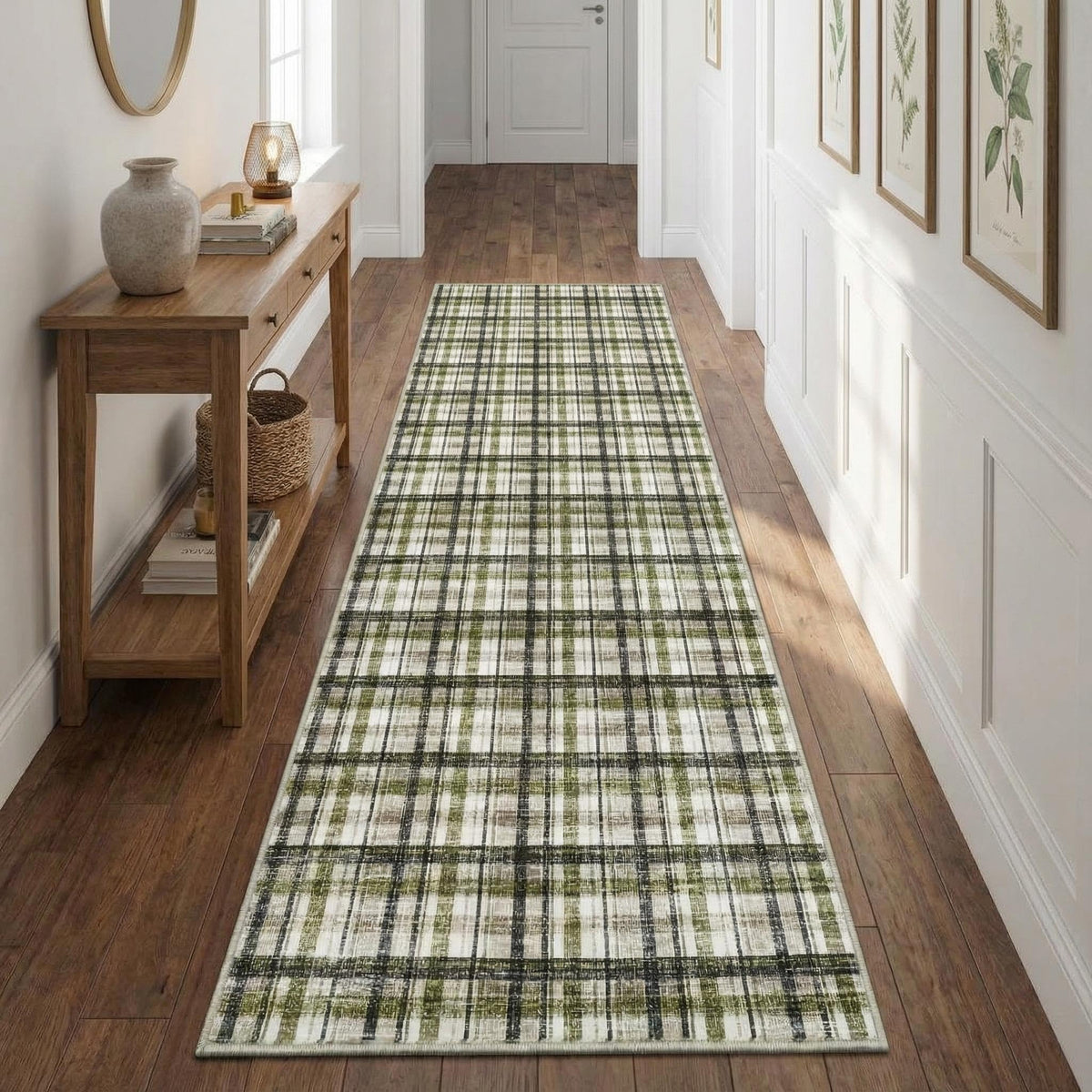 Modern Washable 8x10 Area Rug - Soft, Non-Slip, Stain Resistant, Farmhouse Tartan Plaid for Living Room, Bedroom, Nursery, Office - Beige