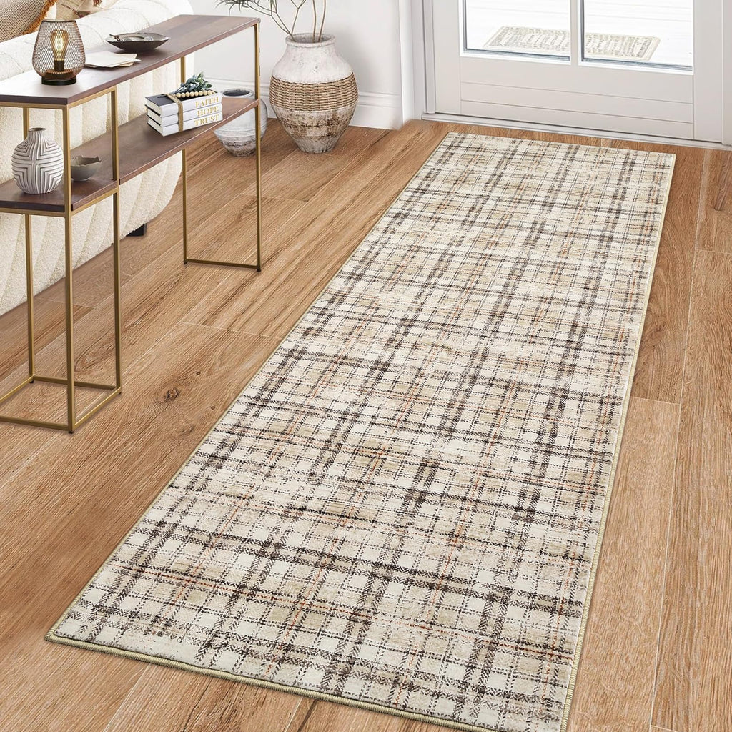 Modern Washable 8x10 Area Rug - Soft, Non-Slip, Stain Resistant, Farmhouse Tartan Plaid for Living Room, Bedroom, Nursery, Office - Beige