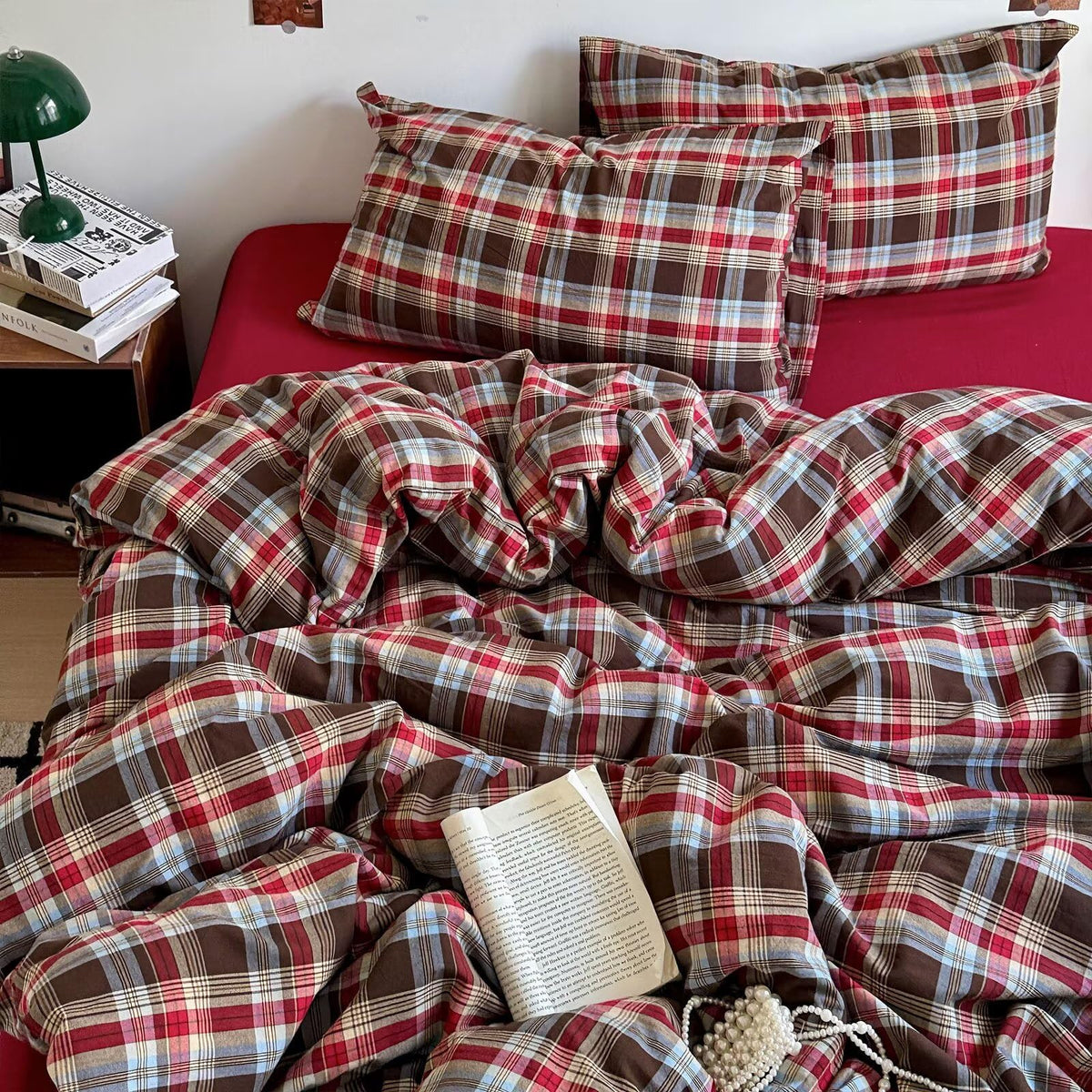 mixinni Vintage Buffalo Plaid Duvet Cover Set Queen Size - 3 Piece Washed Cotton Bedding Set with Grid Pattern, Soft & Breathable Duvet Cover with Pillowcases for All Seasons,(Brown & Blue,Beige)