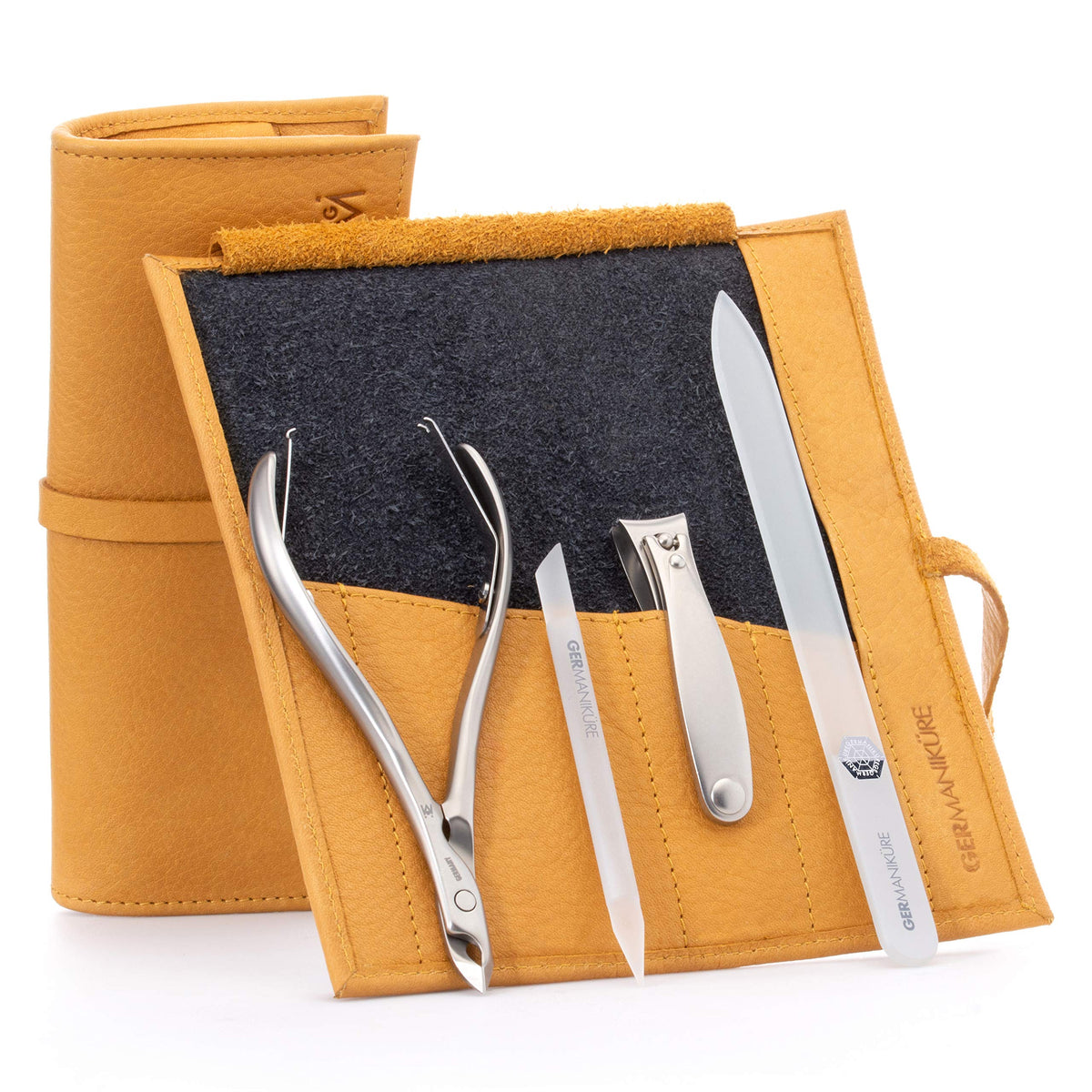 GERMANIKURE 7pc Manicure & Pedicure Set, FINOX Steel, Purple Leather Roll