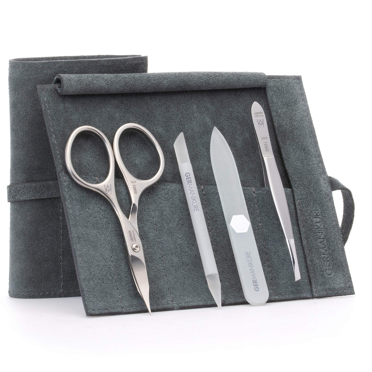GERMANIKURE 7pc Manicure & Pedicure Set, FINOX Steel, Purple Leather Roll