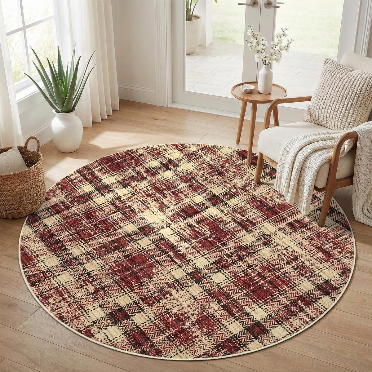 Modern Washable 8x10 Area Rug - Soft, Non-Slip, Stain Resistant, Farmhouse Tartan Plaid for Living Room, Bedroom, Nursery, Office - Beige