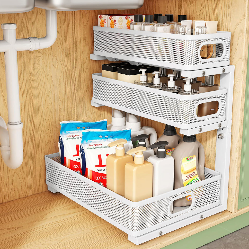 Kitstorack Under Sink Organizer, 2-Pack 3-Tier Height Adjustable Thickened Metal Pull out Cabinet Organizer Shelf, Slide out Storage Drawer Rack for Bathroom Kitchen Pantry Home Laundry Organization