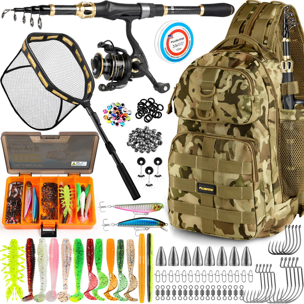 PLUSINNO Fishing Gear-Fishing Rod & Fishing Backpack, Fish Net,Tackle Box