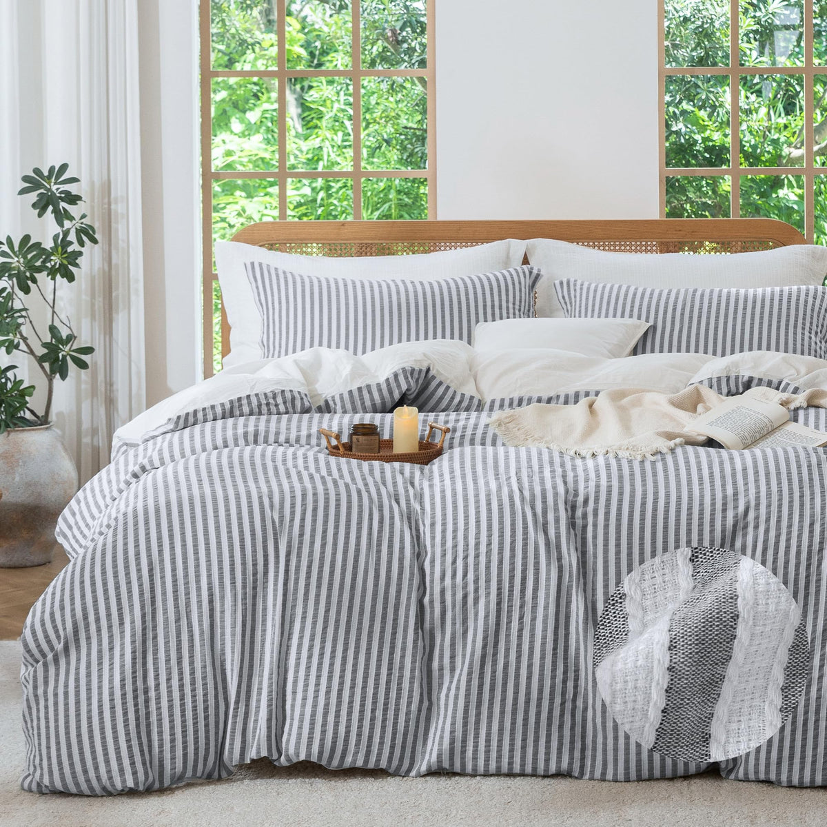 MILDLY Jacquard Striped Duvet Cover Set 3pcs Dual Zipper Pink Queen