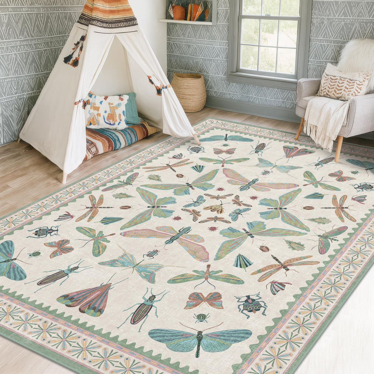 Hazo Haus Dark Green Insect Area Rugs 8x10 for Living Room, Dining Room Under Table, Bedroom, Unique Washable Floral Non Slip Low Pile Soft Rug