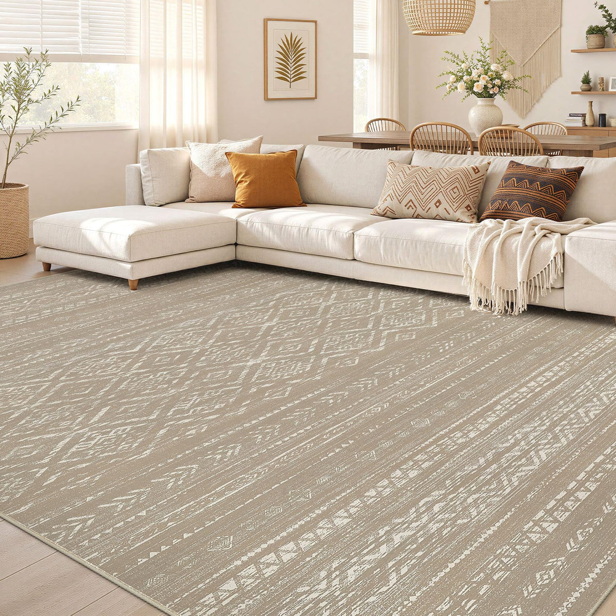 Nakagishi Boho 8x10 Area Rug Living Room Rugs Machine Washable Beige