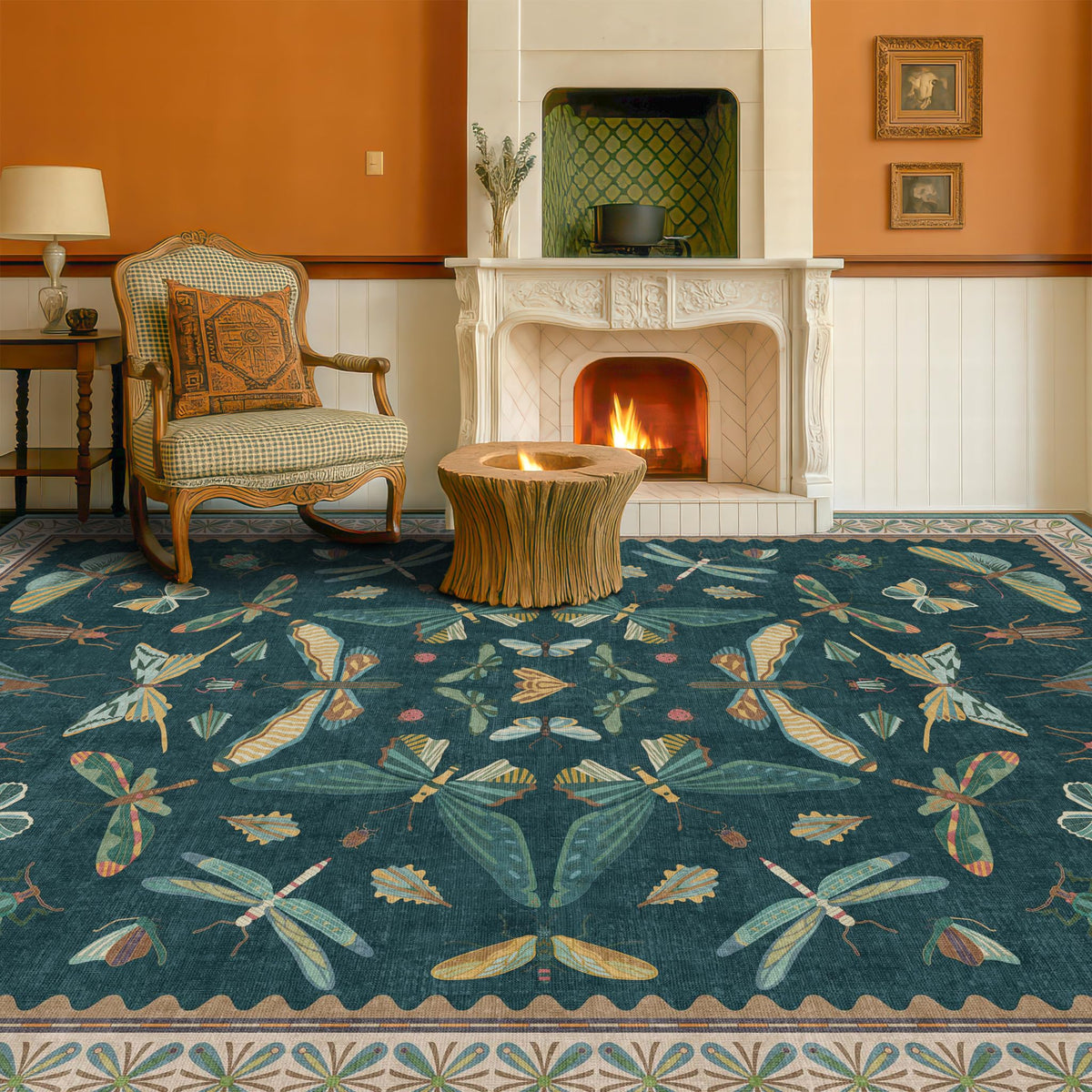 Hazo Haus Dark Green Insect Area Rugs 8x10 for Living Room, Dining Room Under Table, Bedroom, Unique Washable Floral Non Slip Low Pile Soft Rug