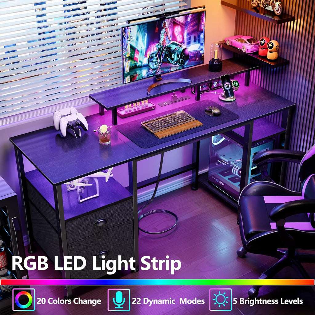 Furologee 51" Gaming Desk with Outlets & LED, Computer Office Desk, Black