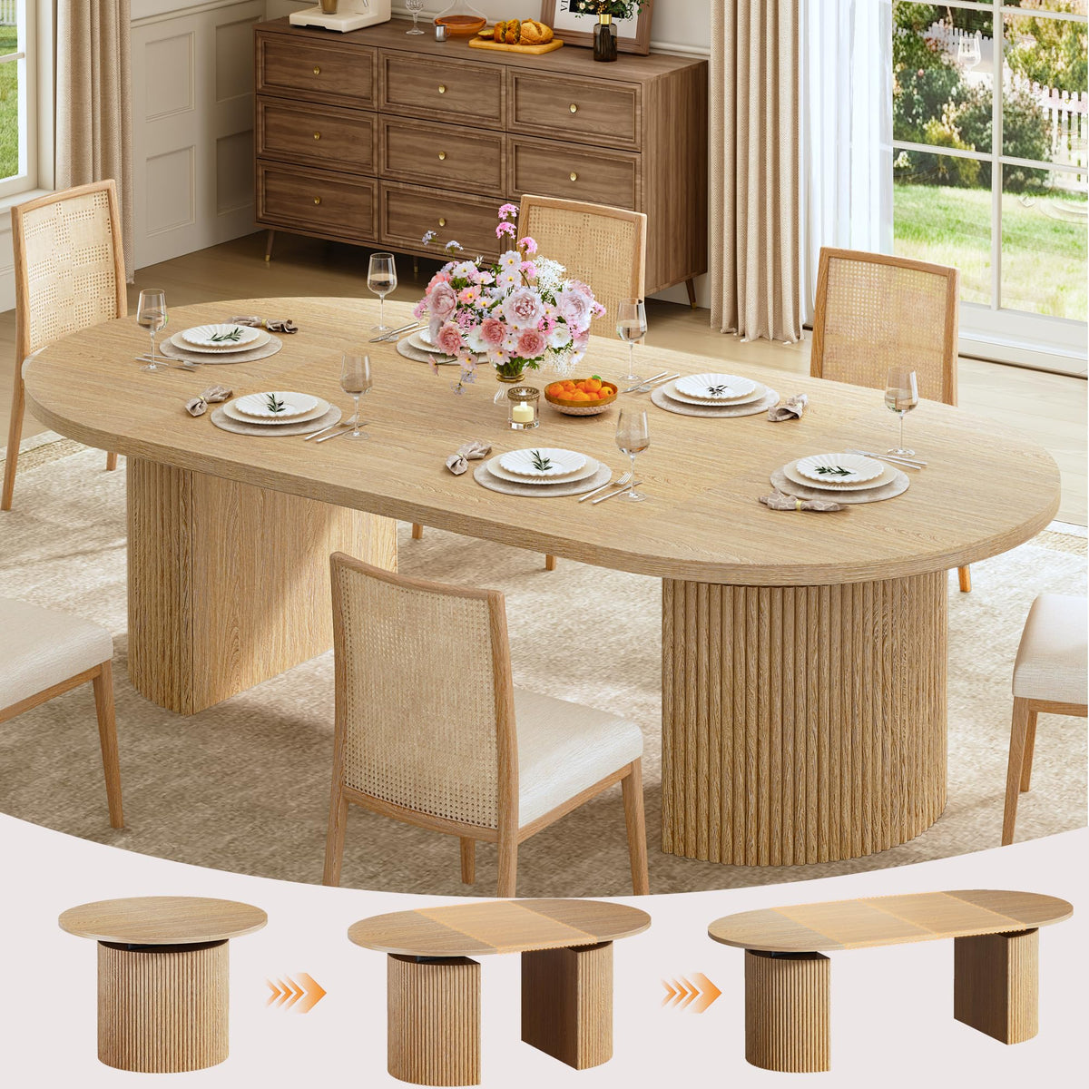 HUAHUU 47.2" Round Dining Table for 4-6, Modern Kitchen Table with 4 Drawers and 2-Tier Storage Shelf, Wooden Circle Dining Tables with Fluted Base & Sliding Door for Home Kitchen Living Room, Natural