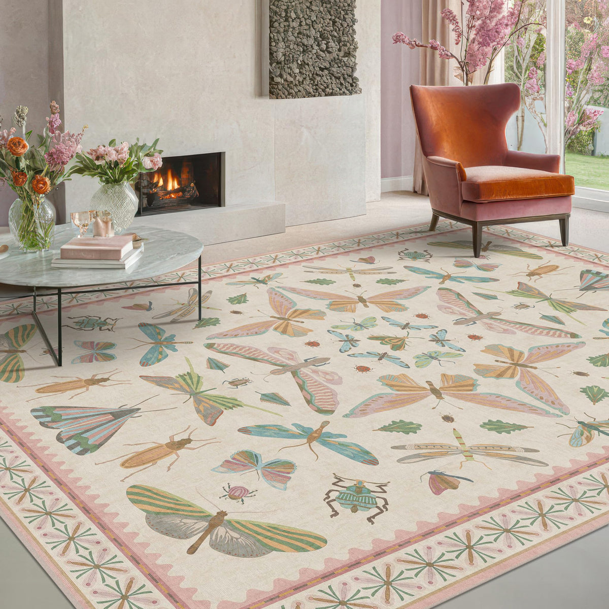 Hazo Haus Dark Green Insect Area Rugs 8x10 for Living Room, Dining Room Under Table, Bedroom, Unique Washable Floral Non Slip Low Pile Soft Rug