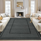 Modern Washable 8x10 Area Rug - Soft, Non-Slip, Stain Resistant, Farmhouse Tartan Plaid for Living Room, Bedroom, Nursery, Office - Beige